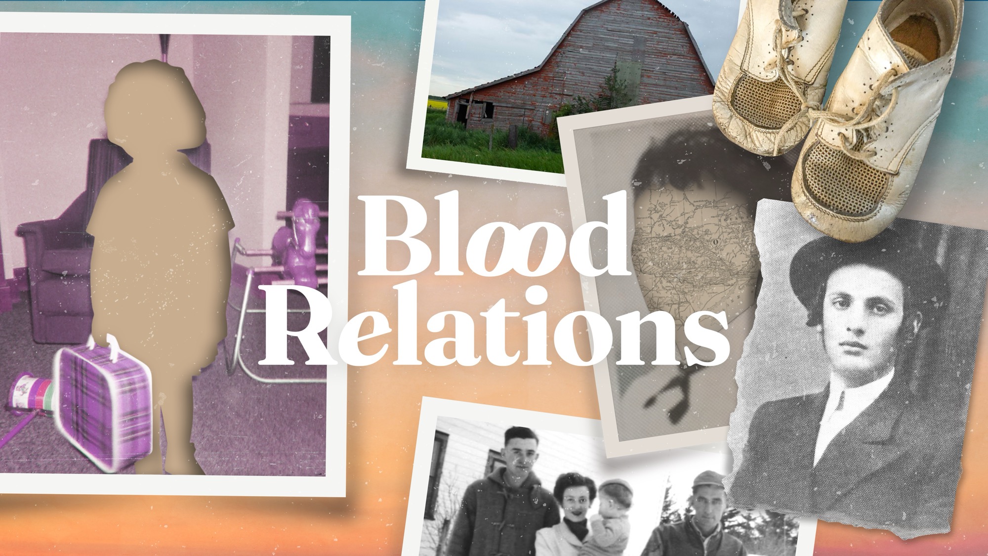 Key art for Blood Relations: archival family photographs, a pair of baby shoes and a barn, arranged as a collage