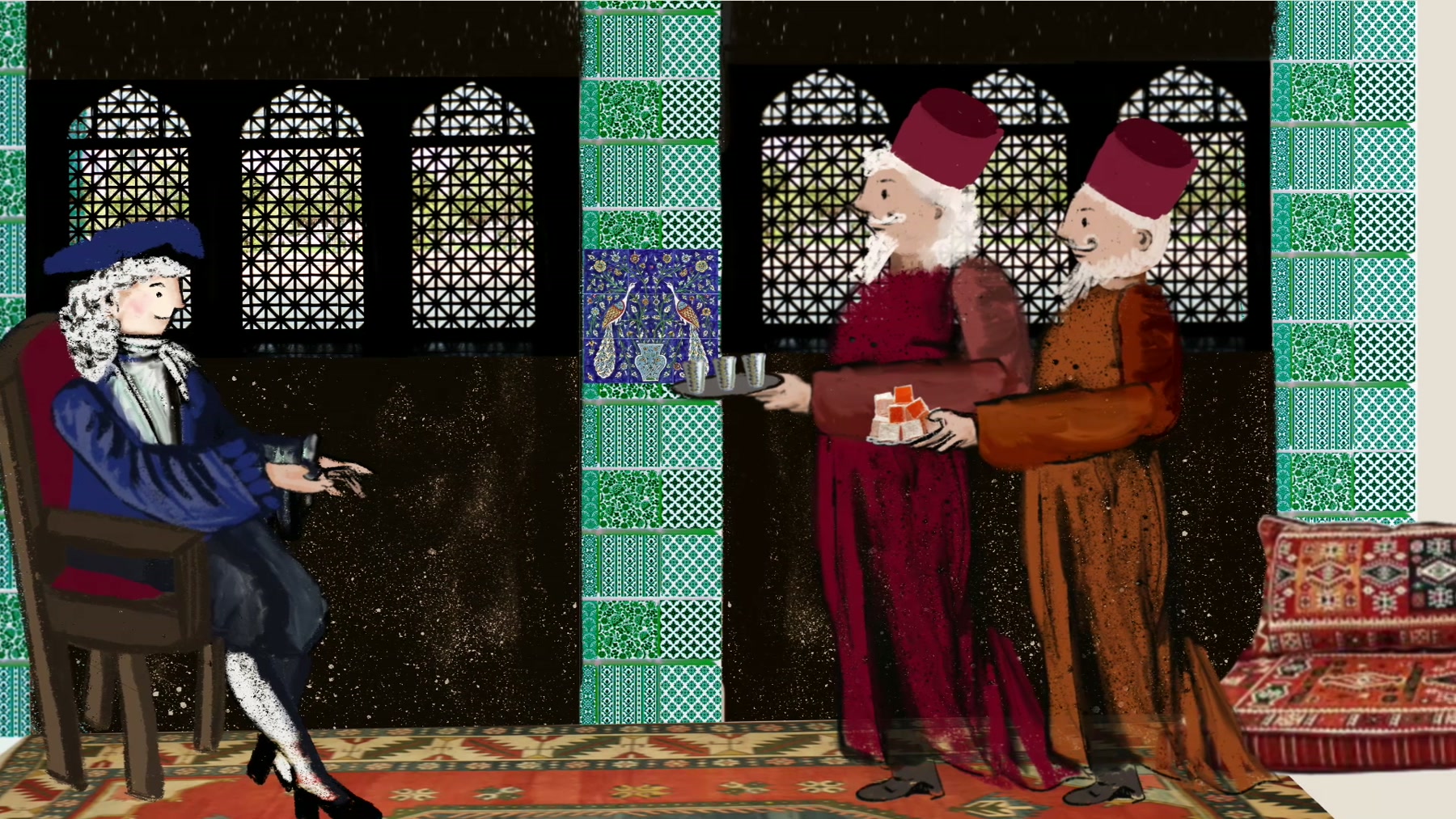 Film still: a European man in a periwig taking coffee opposite an Ottoman host in a tiled interior