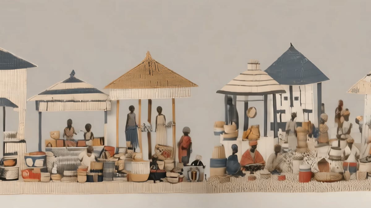 Film still from Abidemi Babalola's film: a marketplace rendered entirely in beads
