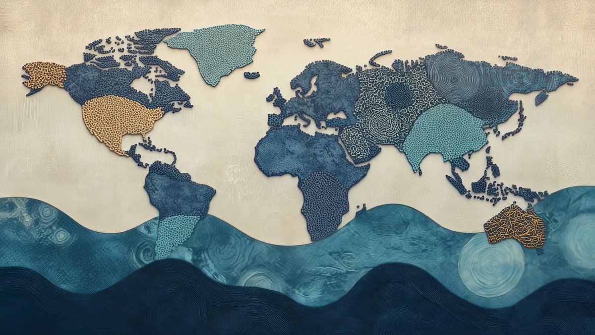 Film still: a world map rendered in beads and dots