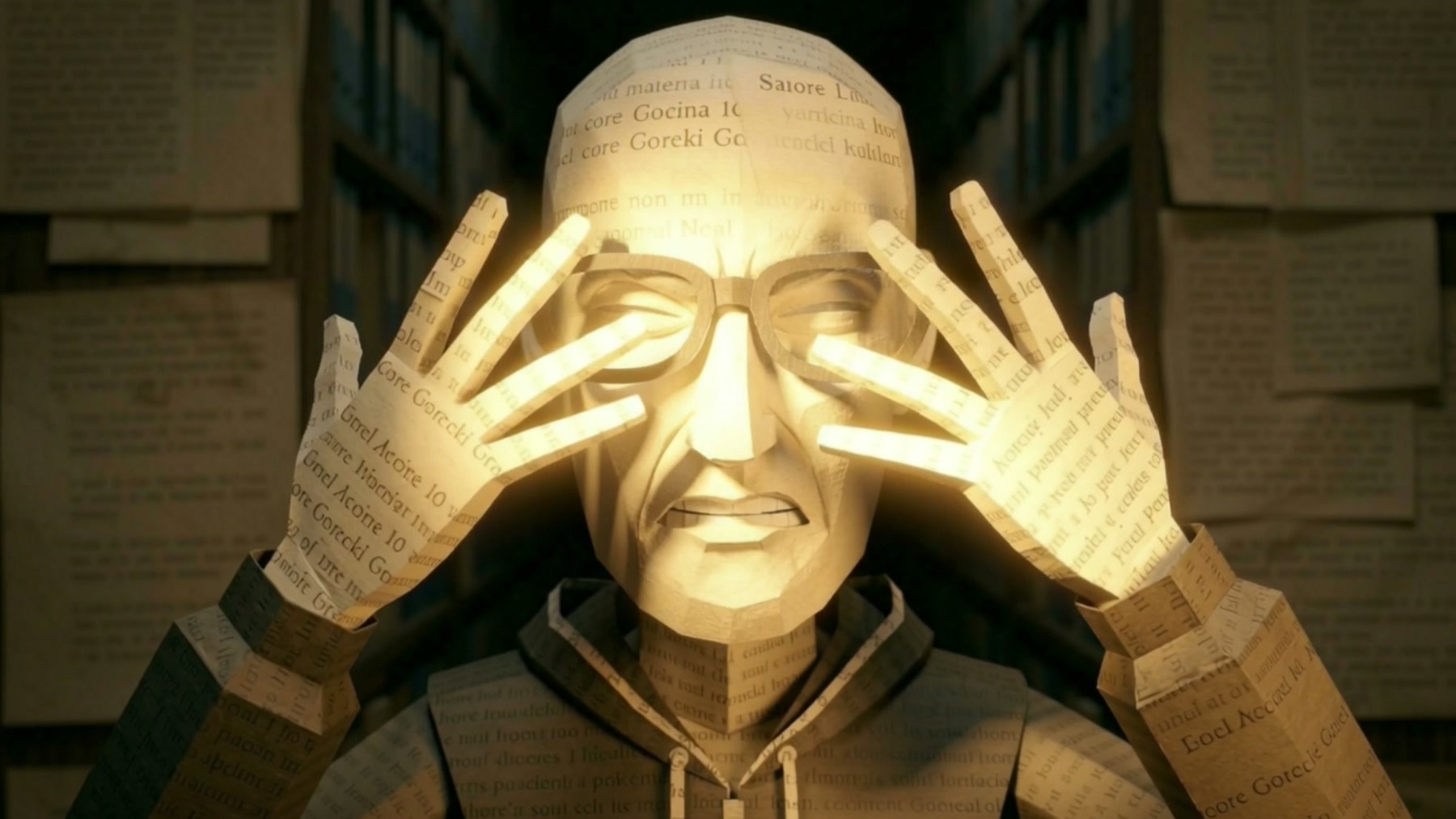 Film still: the researcher's hands pressed to his eyes, his face and hands visibly constructed from printed and handwritten paper