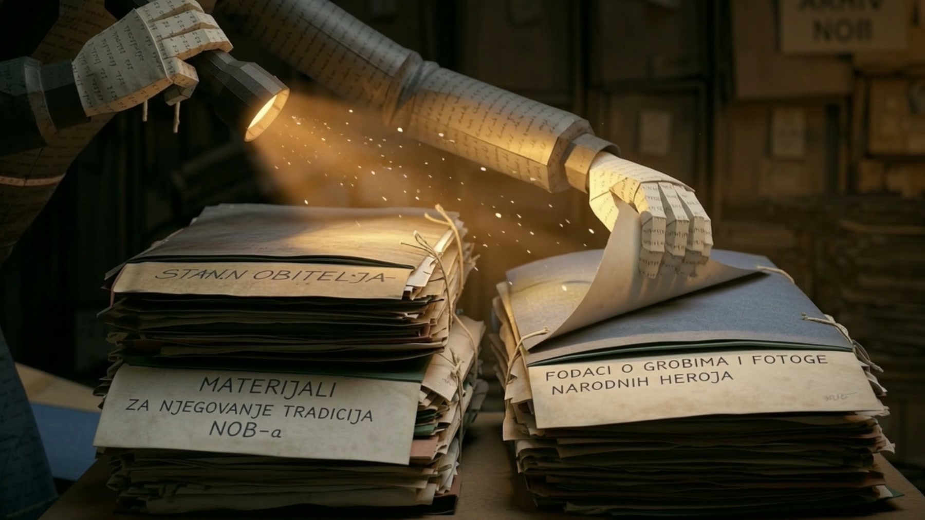 Film still: a paper hand lifting a page from a stack of labelled archive folders