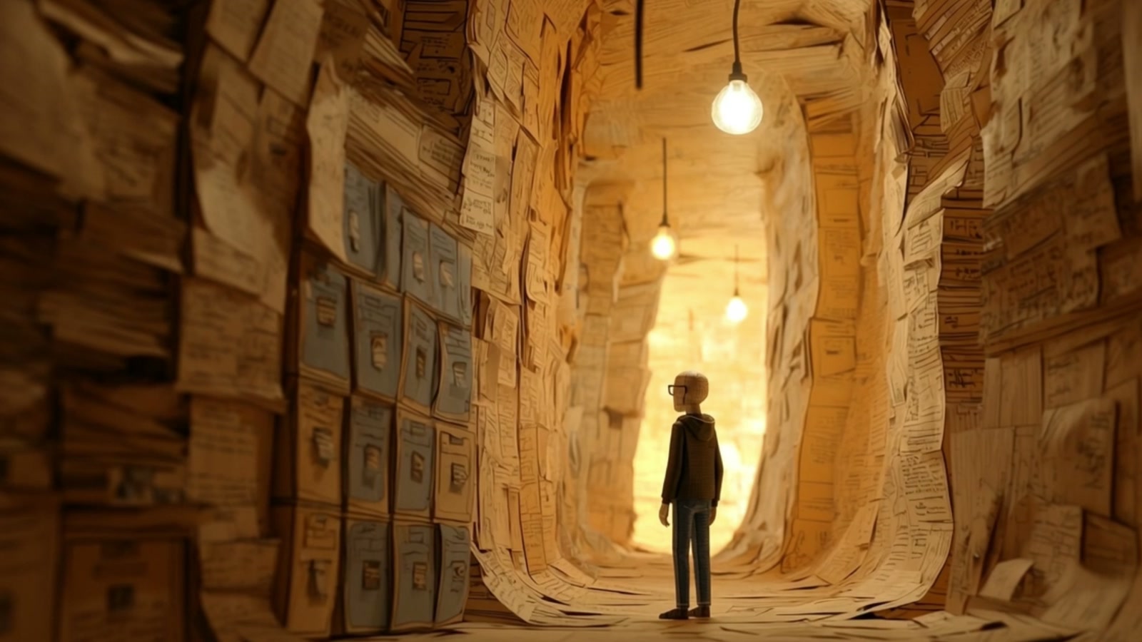 Film still from Max Bergholz's film: a corridor whose walls are built entirely from documents and file boxes