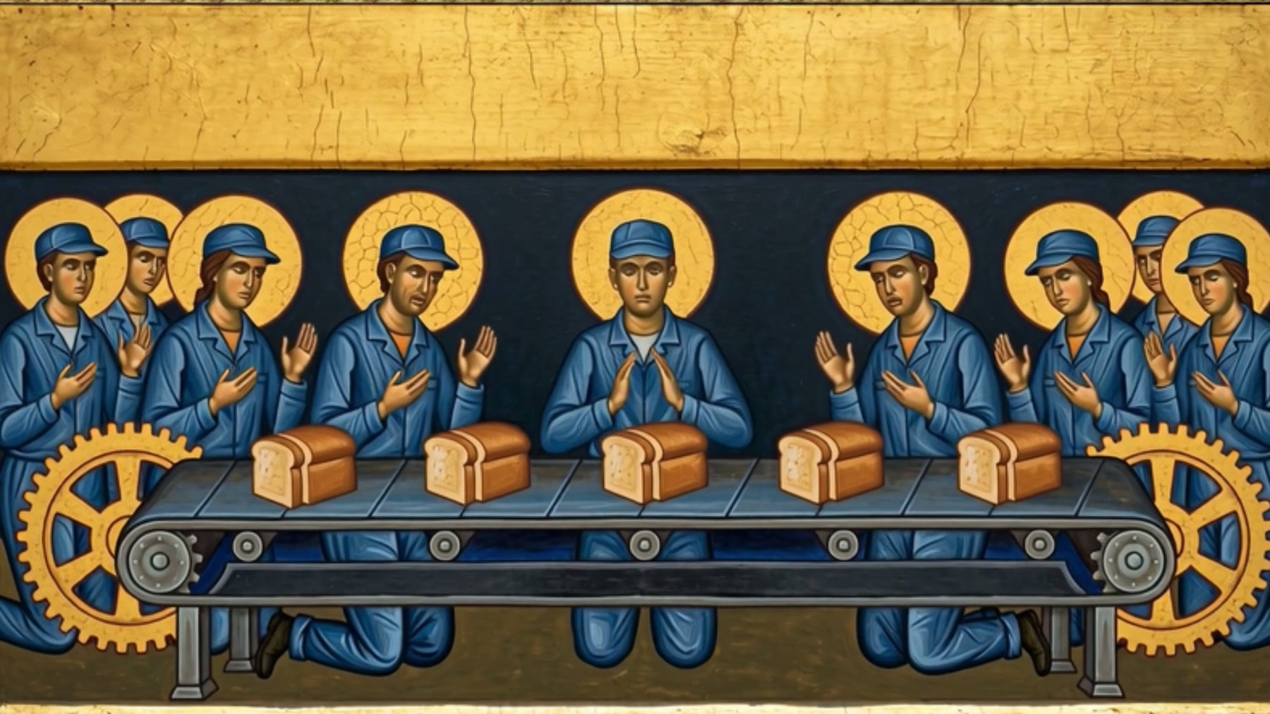 Film still: sliced loaves moving along a conveyor belt with gold cogwheels, workers kneeling either side with cracked gold haloes