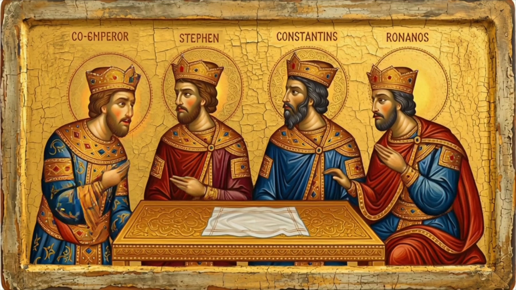 Film still: four crowned Byzantine figures behind a gold table with a white cloth laid before them