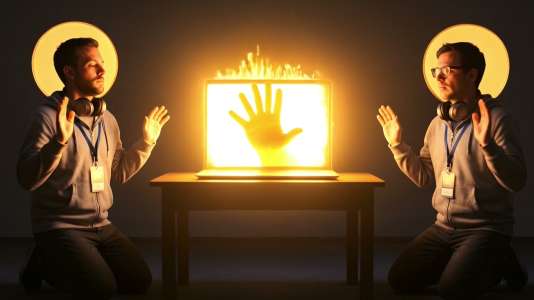 Film still: two haloed figures in hoodies kneeling either side of a laptop on a table, hands raised, gold particles falling