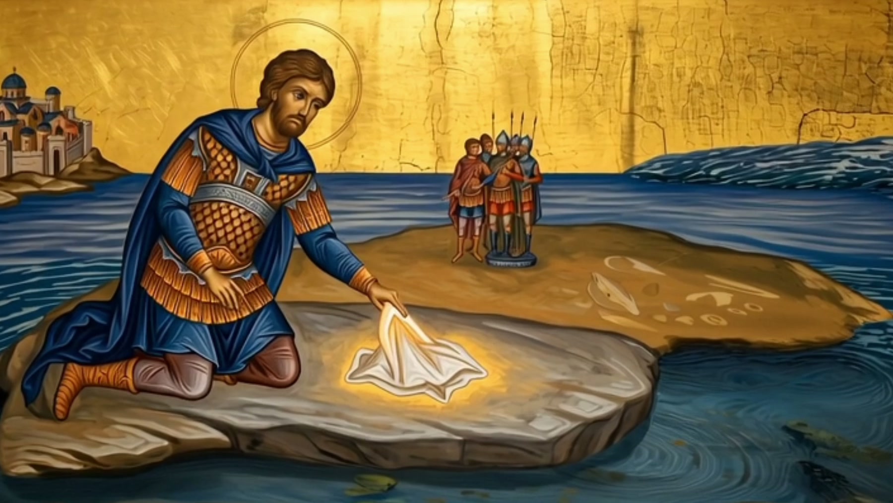 Film still: painted hands passing a folded white linen cloth, rendered in flat Byzantine fold-convention on gold ground