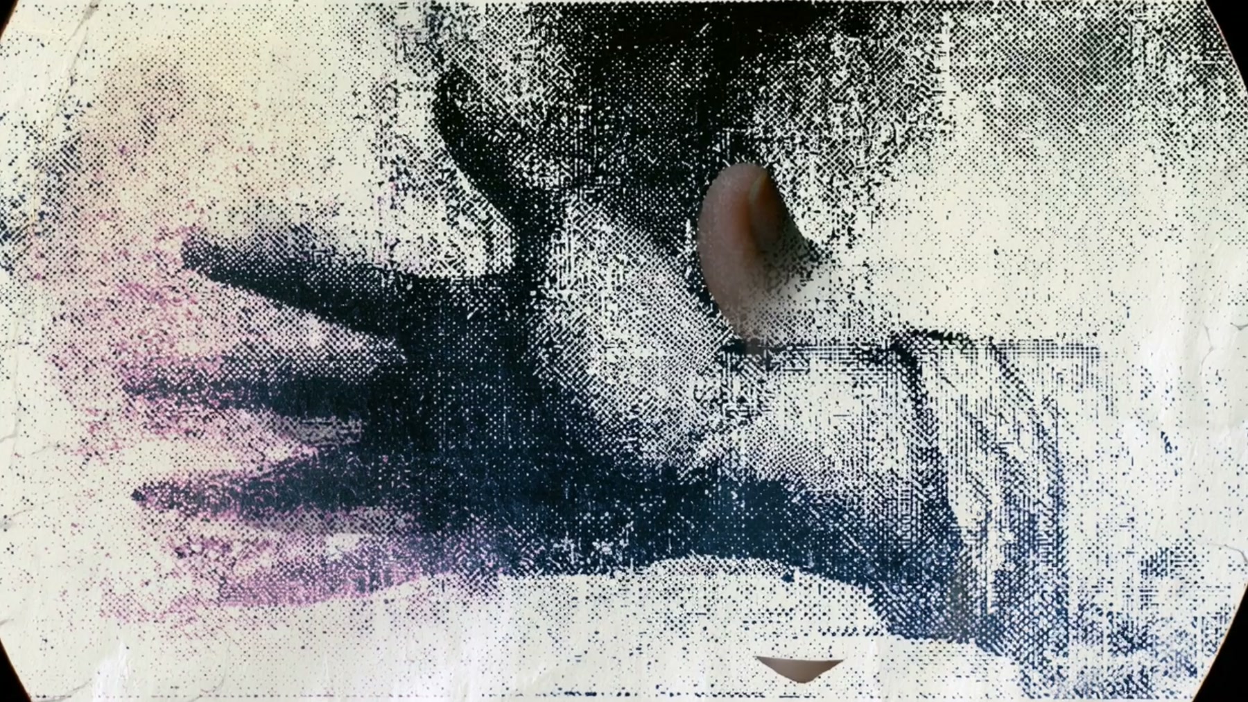 Film still: a Byzantine icon of a hand degrading into halftone noise and pixels across successive copies
