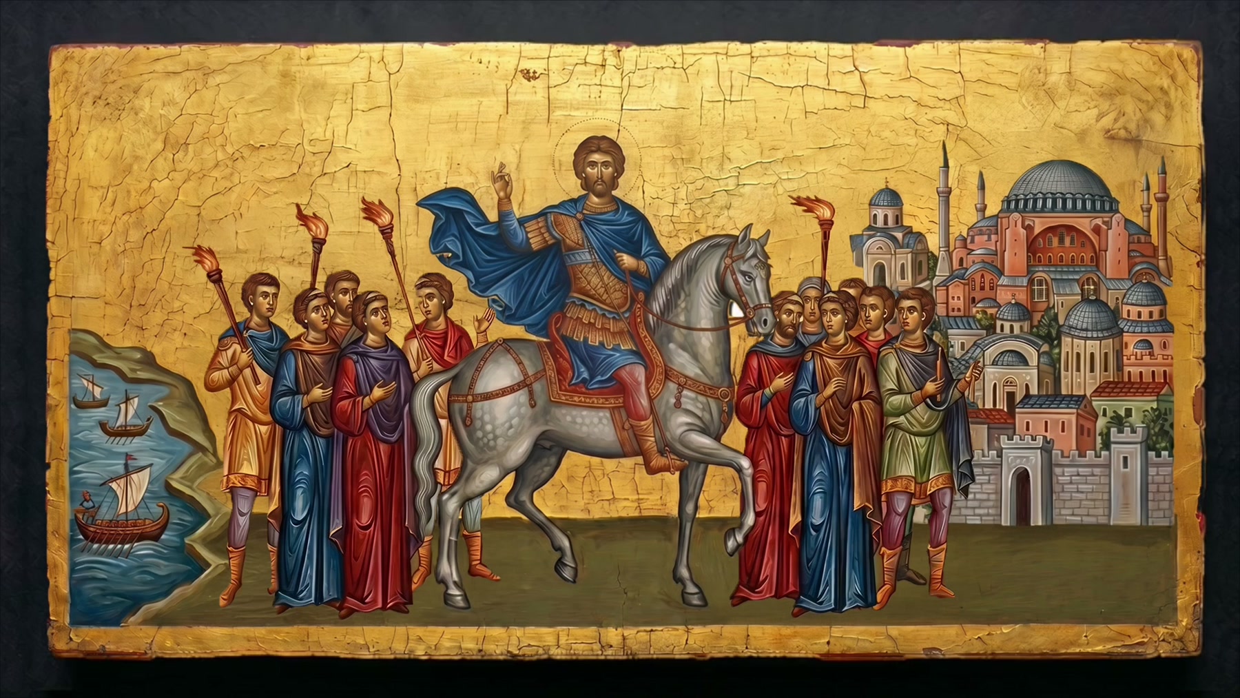 Film still: a Byzantine gold-ground icon panel showing an official on horseback with torch-bearers, the domes of Constantinople behind