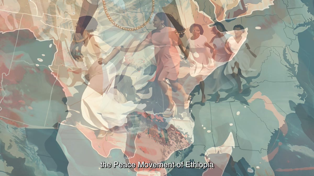 Film still: women moving toward Africa on a stylized world map