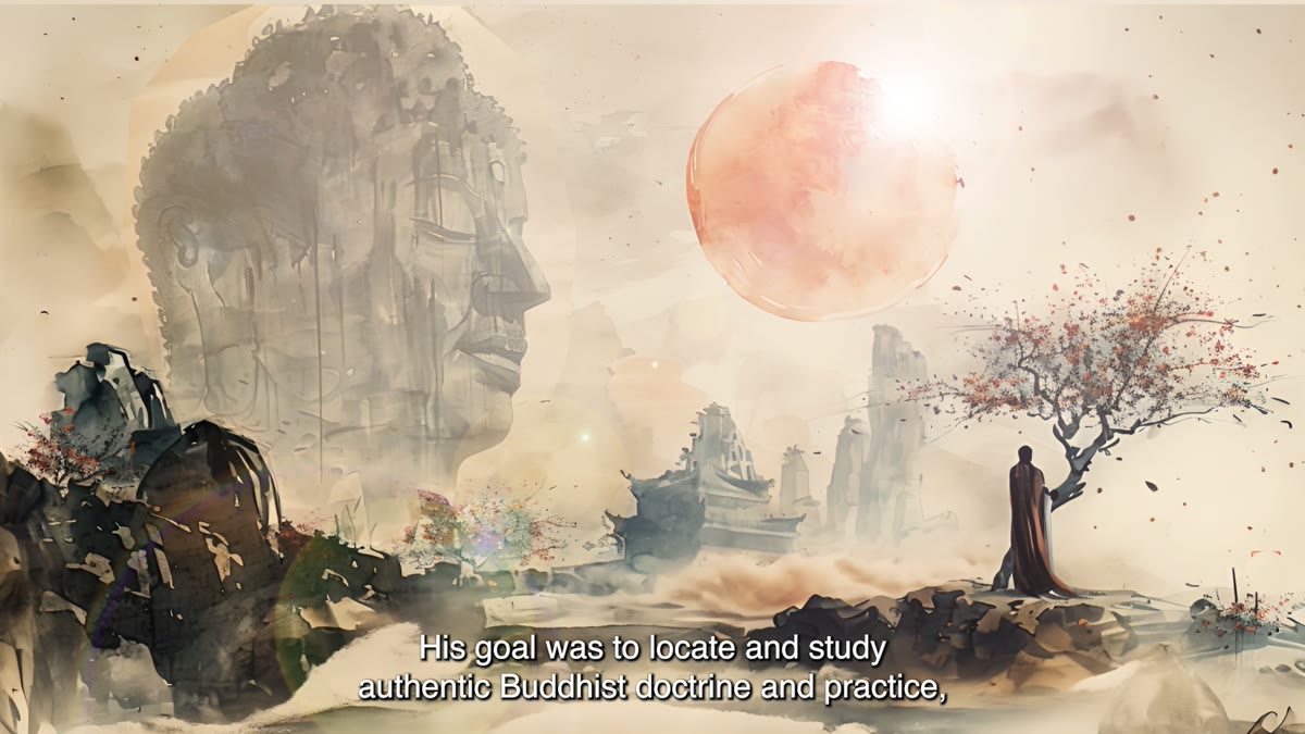 Film still: a Buddhist figure in a landscape, red sun rising behind