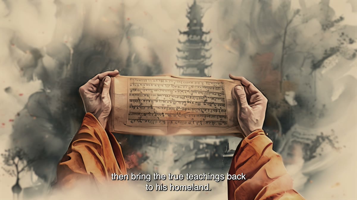 Film still: a monk's hands holding an unfurled Buddhist scroll