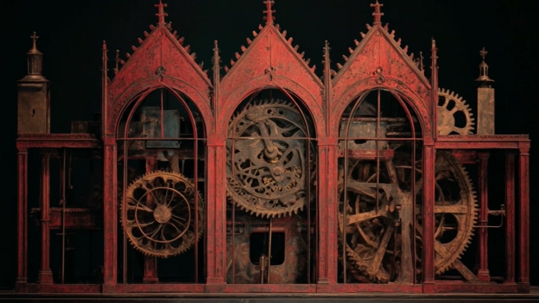 Film still: a medieval iron abbey clock mechanism, gothic cage and great gear wheels, floating in darkness