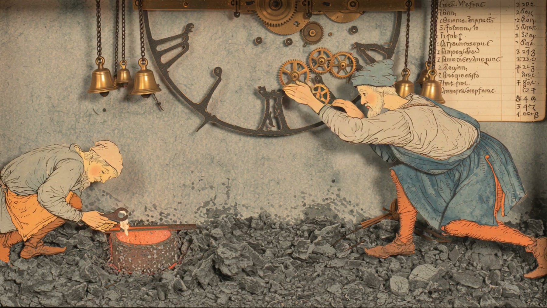 Film still: flat paper cut-out craftsmen at work in the box, one crouched over a glowing crucible in the ash, another working at the clock gears