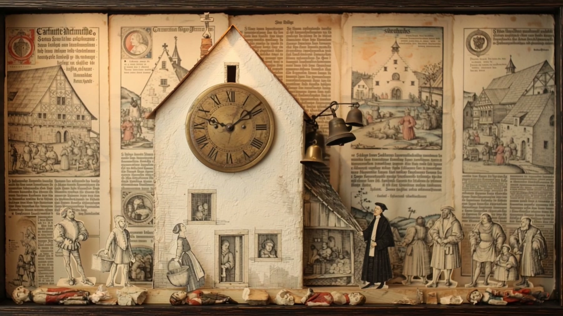 Film still: a Reformation-era shadow box, a whitewashed civic clock tower, broadsheets on the walls, flat townspeople below