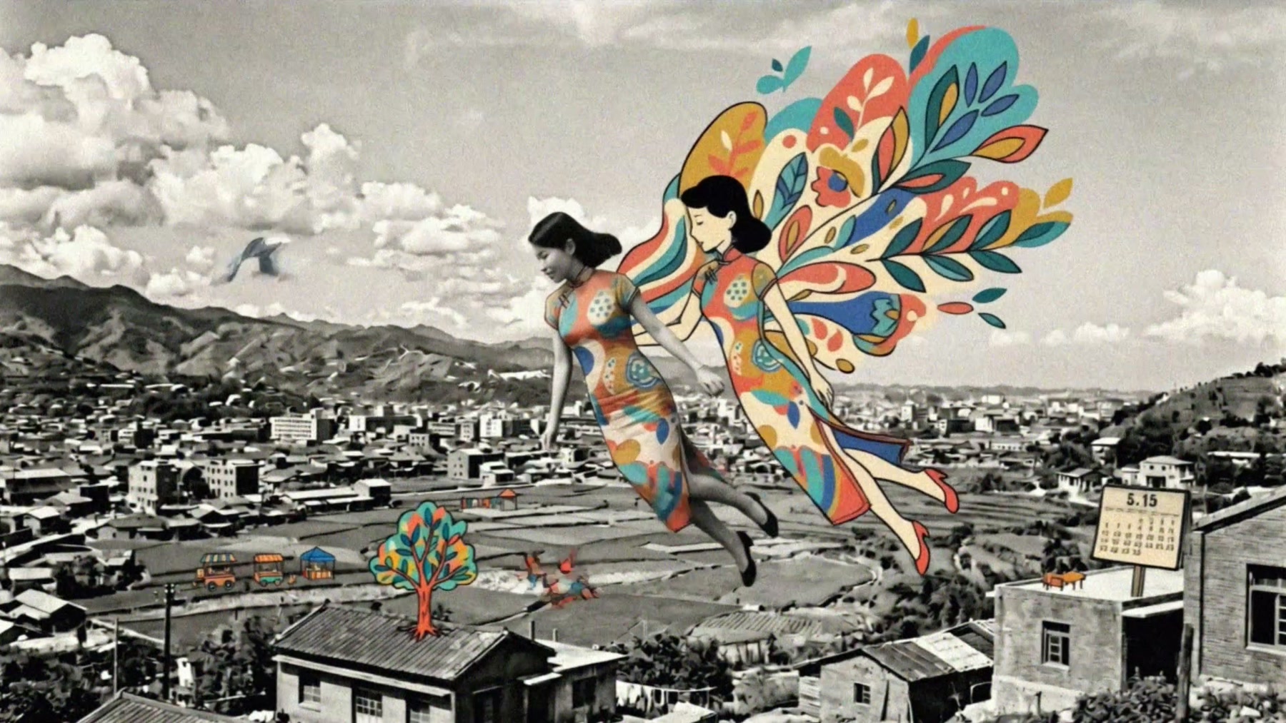 Film still: the young woman and the illustrated Christine flying together above a black-and-white Taiwanese city