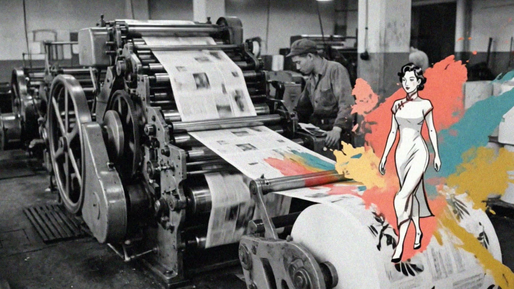 Film still: an illustrated woman stepping off a printed sheet as it leaves a 1950s press