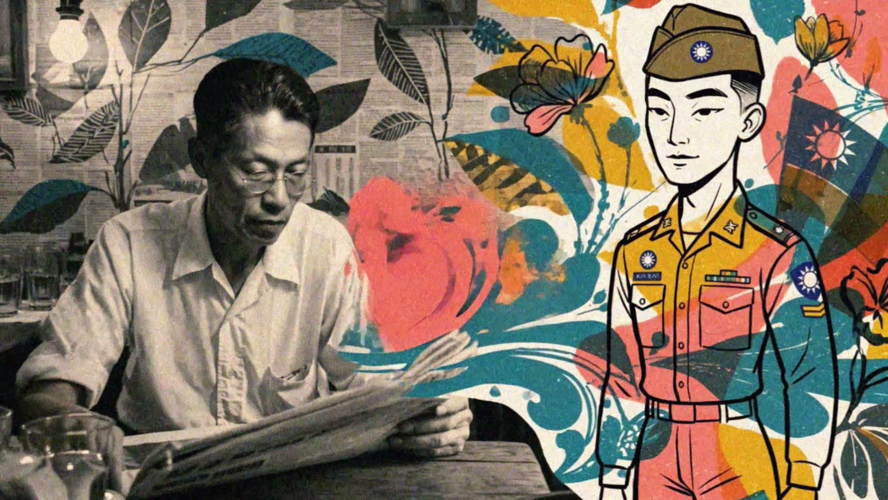 Film still: a father reading, beside him a confident illustrated soldier in uniform with a flag