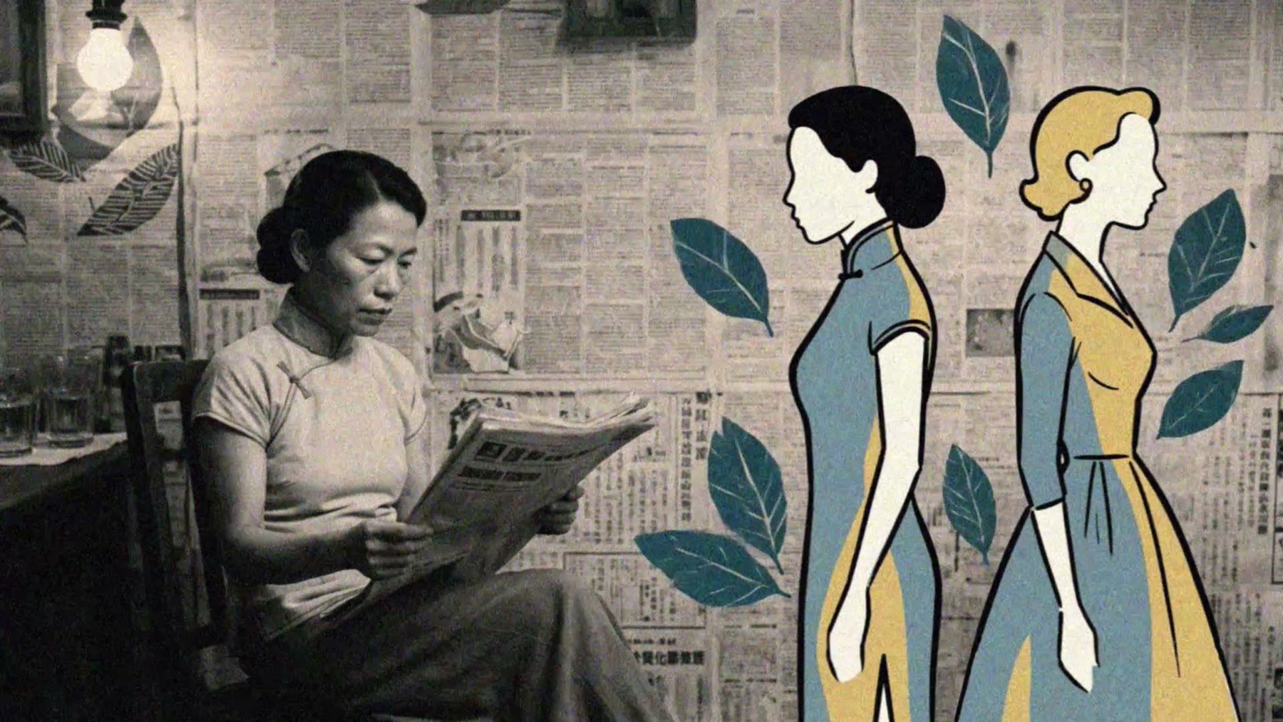 Film still: a mother reading, beside her two faceless silhouettes, one in qipao and one in a Western dress