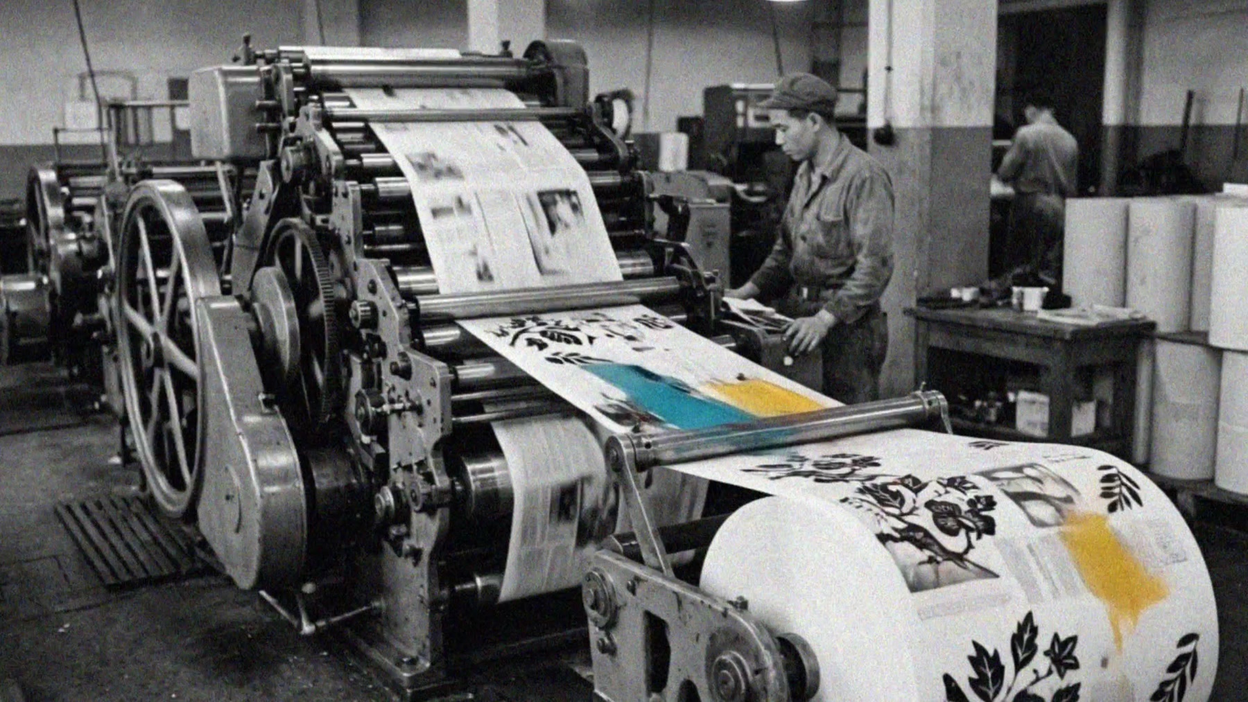 Film still: a 1950s industrial printing press in black and white, colour spilling from the roller