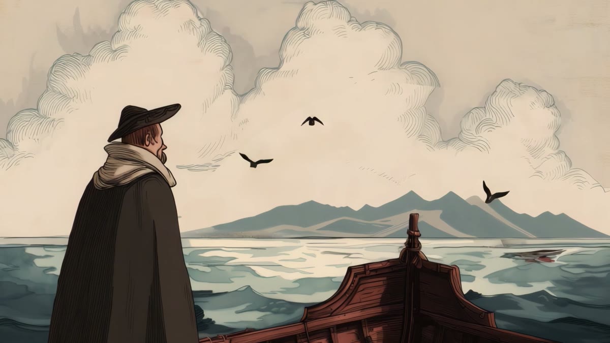 Film still: a cloaked European figure at a ship's prow approaching mountains