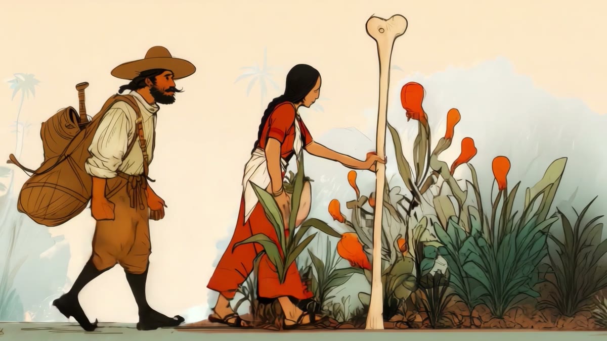 Film still: a European naturalist and a Nahua woman among plants, a bone standing upright