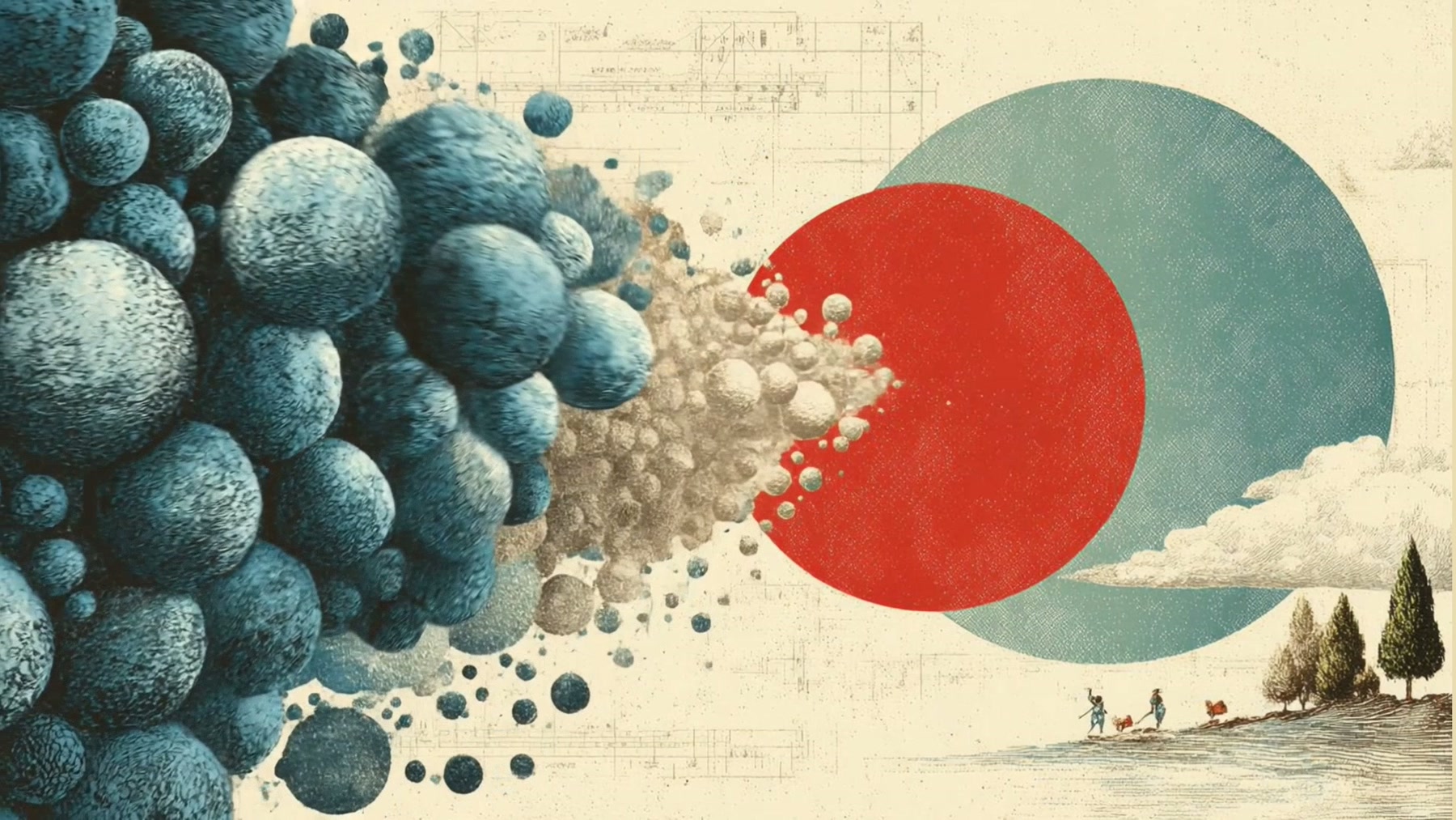 Film still: a mass of blue microbial spheres spilling across a landscape toward a large red circle