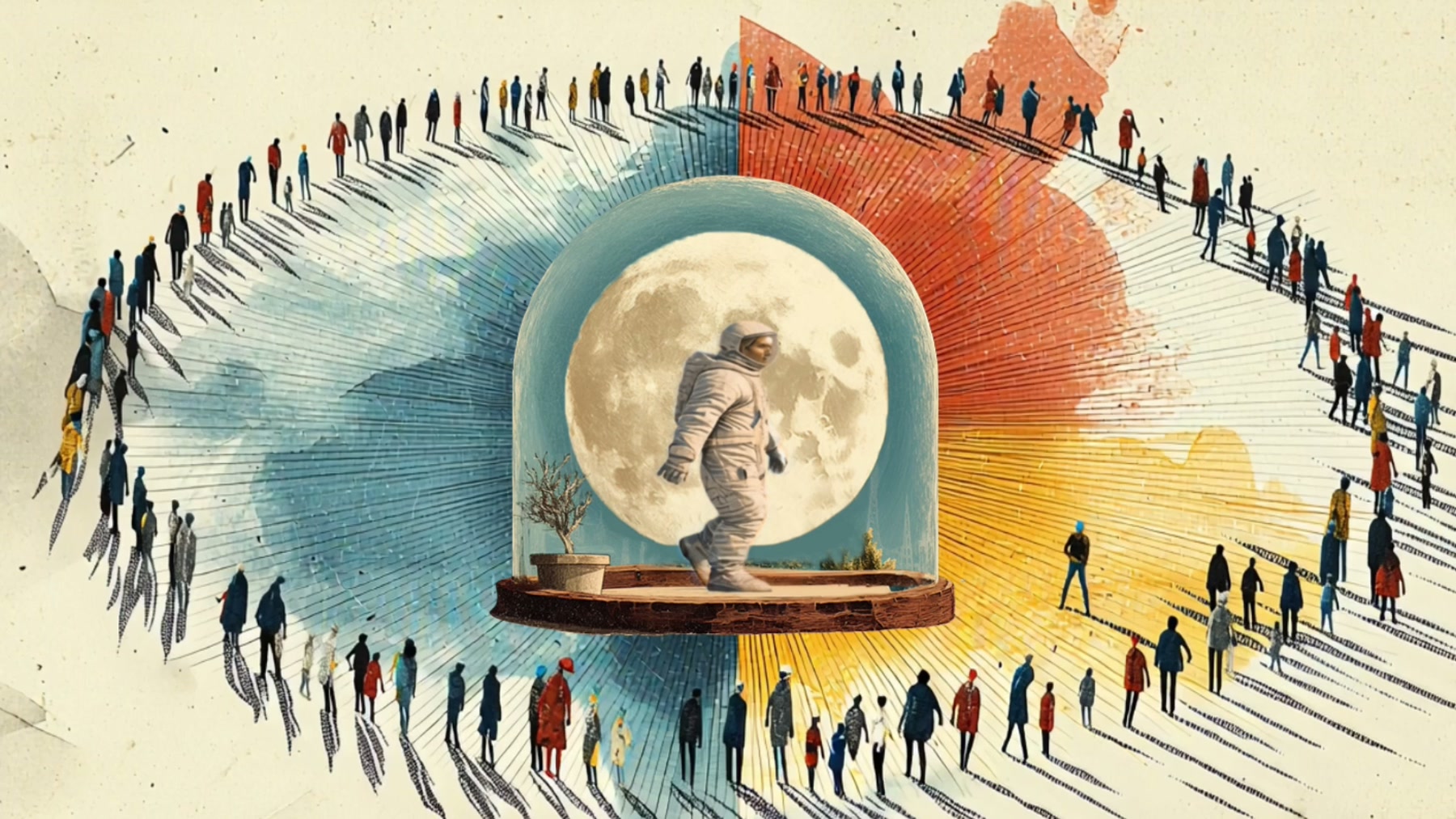 Film still: a ring of people encircling a moon under a glass dome, an astronaut standing inside it, the field split cool and warm
