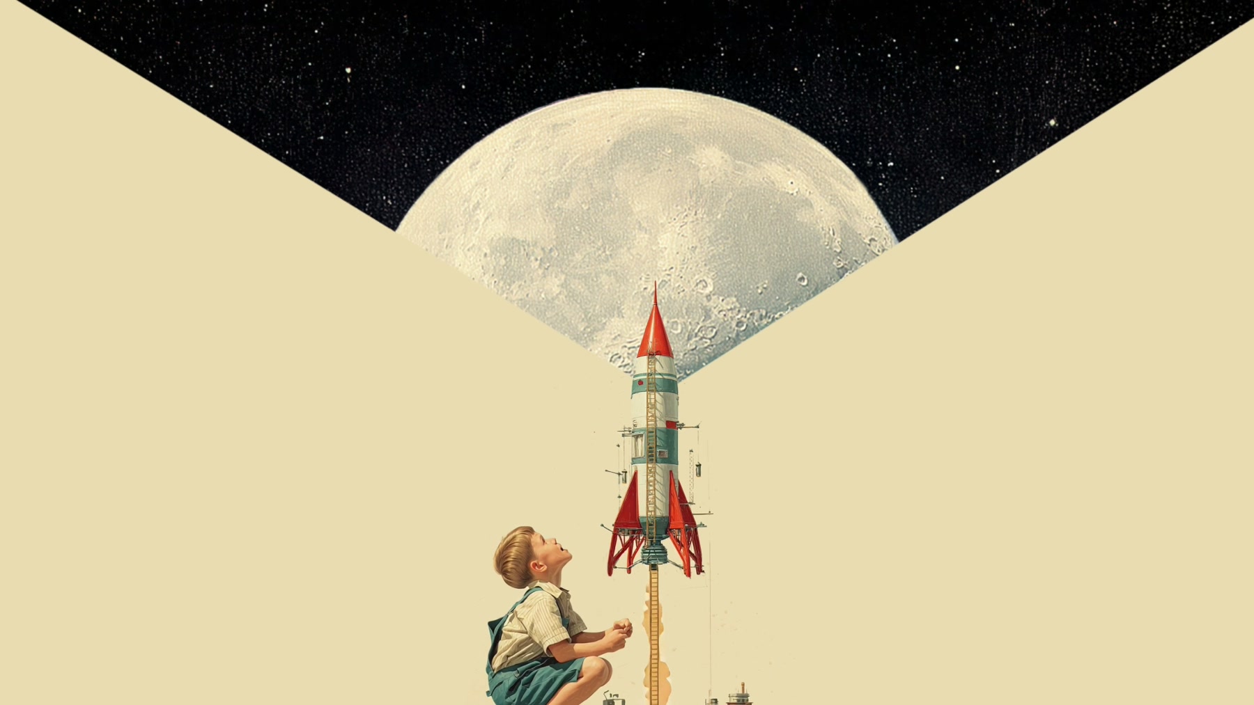 Film still: a boy releasing a toy rocket that becomes a real rocket rising toward the moon