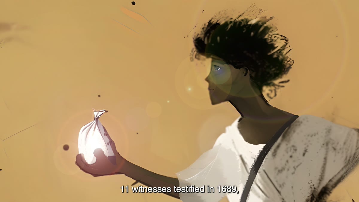 Film still: a young Black man holds a luminous bolsa in his palm