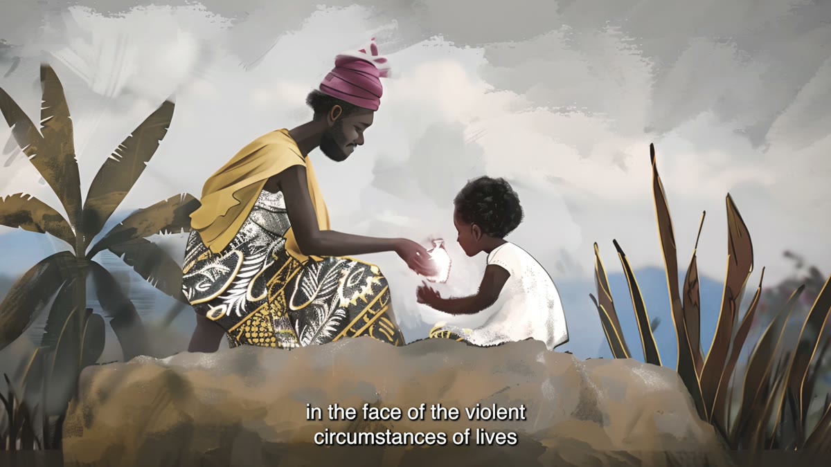 Film still: a mother passes a small object to her child
