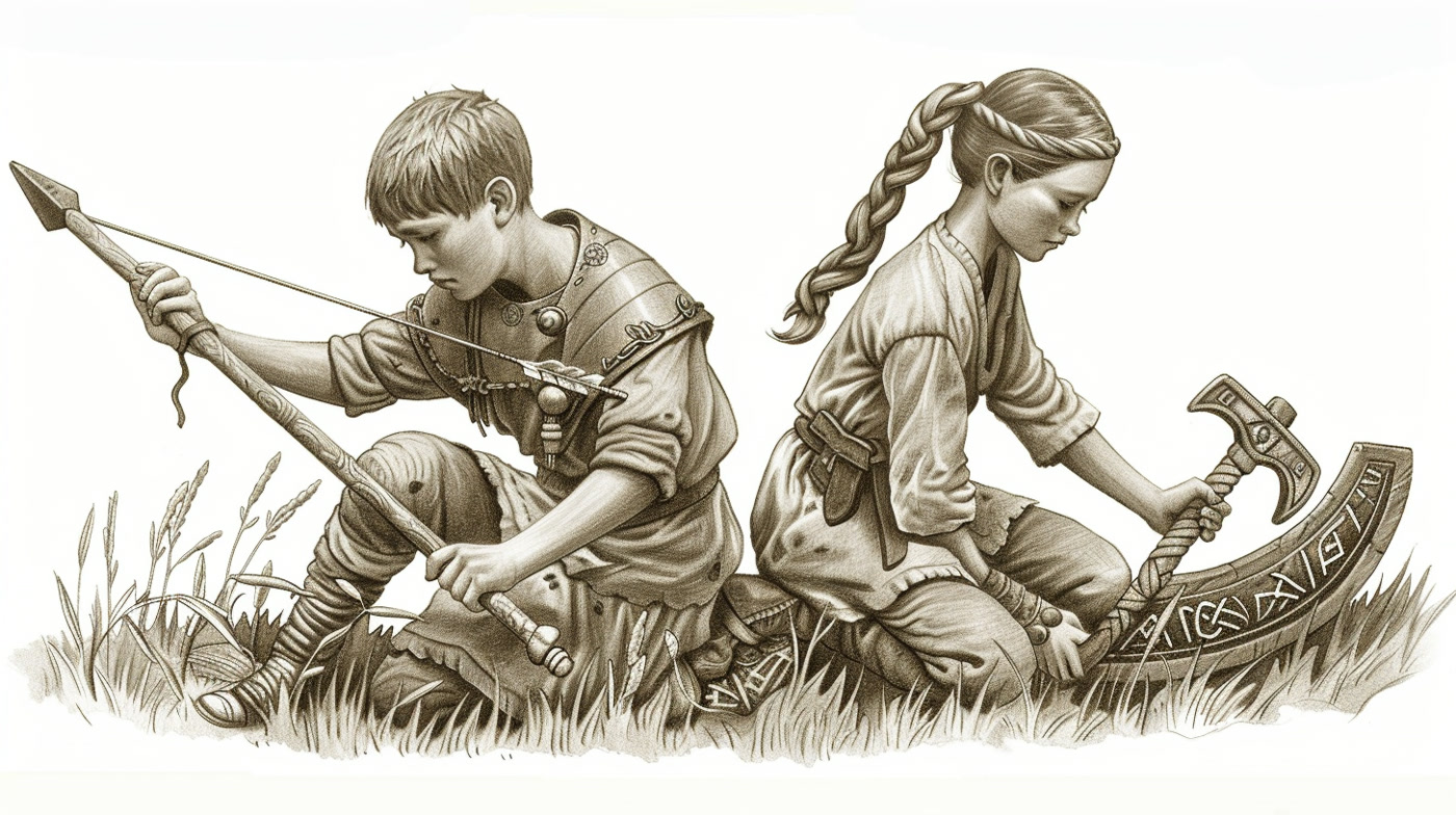 A Viking boy and girl, back to back — boy with bow and arrow, girl with an axe
