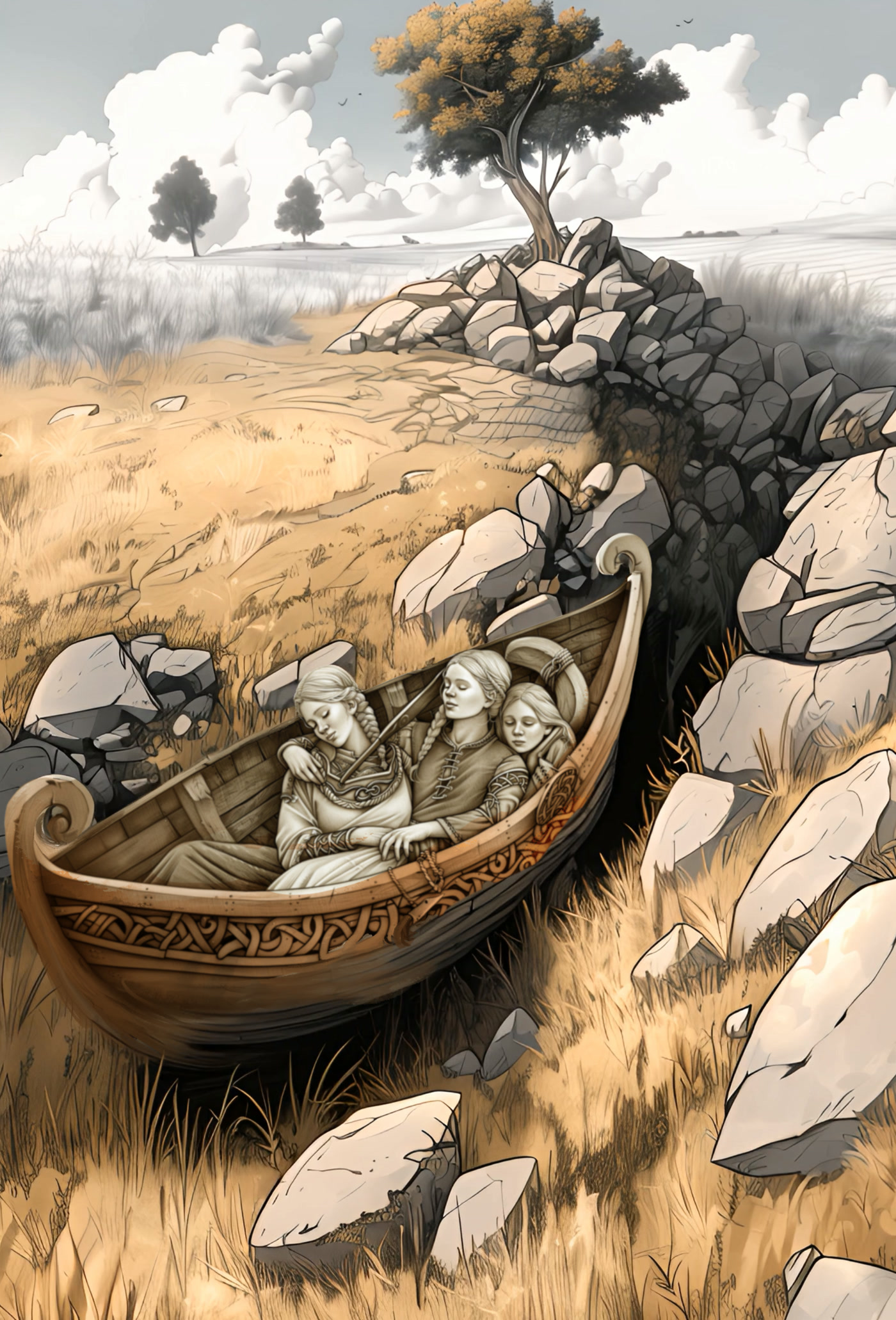 Three women lying in a Viking boat burial, set into the landscape