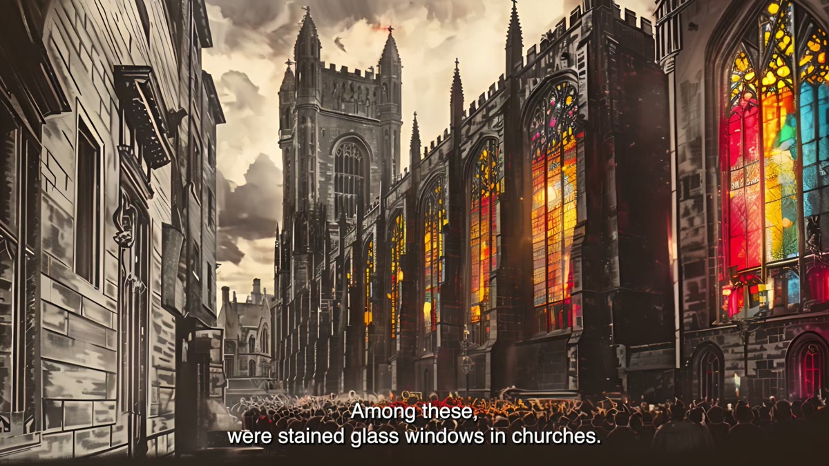 Film still: cathedral exterior with stained glass windows