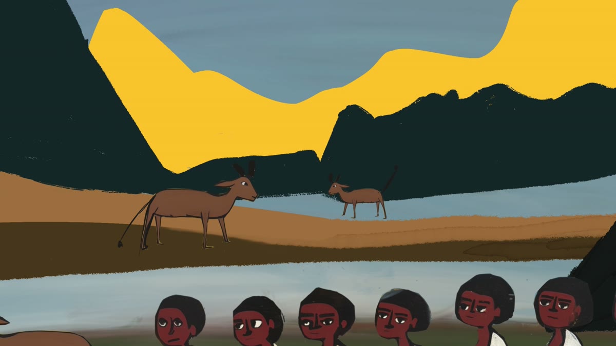 Film still: Beta Israel community faces before the highland mountains