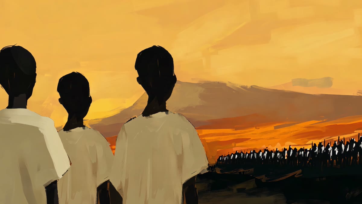 Film still: a priest holding a processional cross before the table mountains