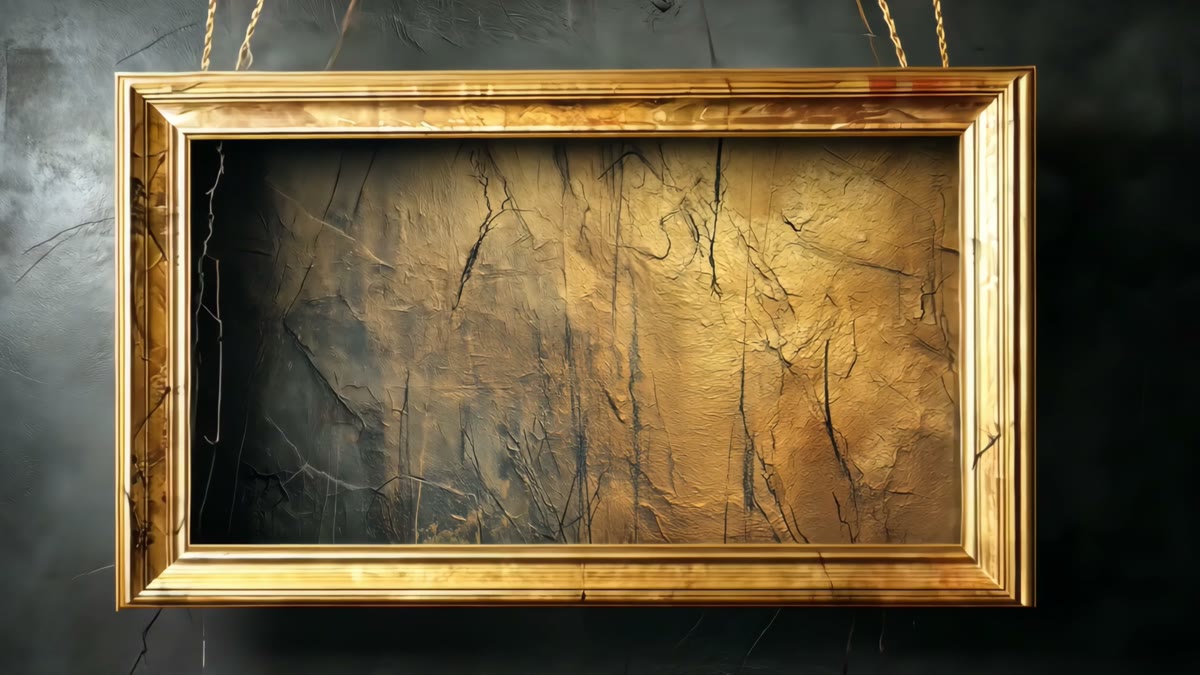 Film still: an ornate empty gold frame on a dark wall