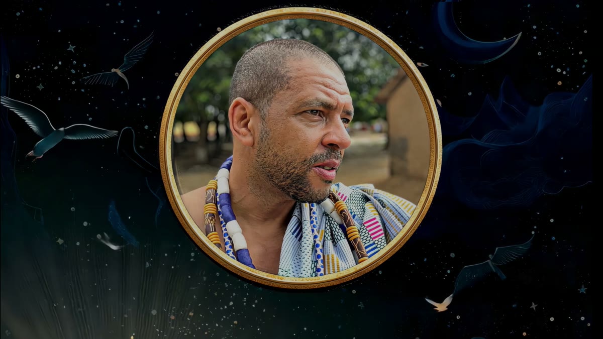 Film still: Fred Kuwornu's portrait held in a circular gold frame, birds and moons around it