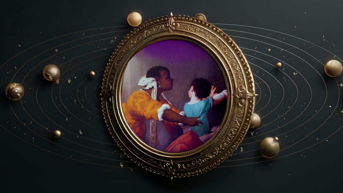 Film still: an oval gilt frame holding Renaissance Black figures, orbited by golden spheres