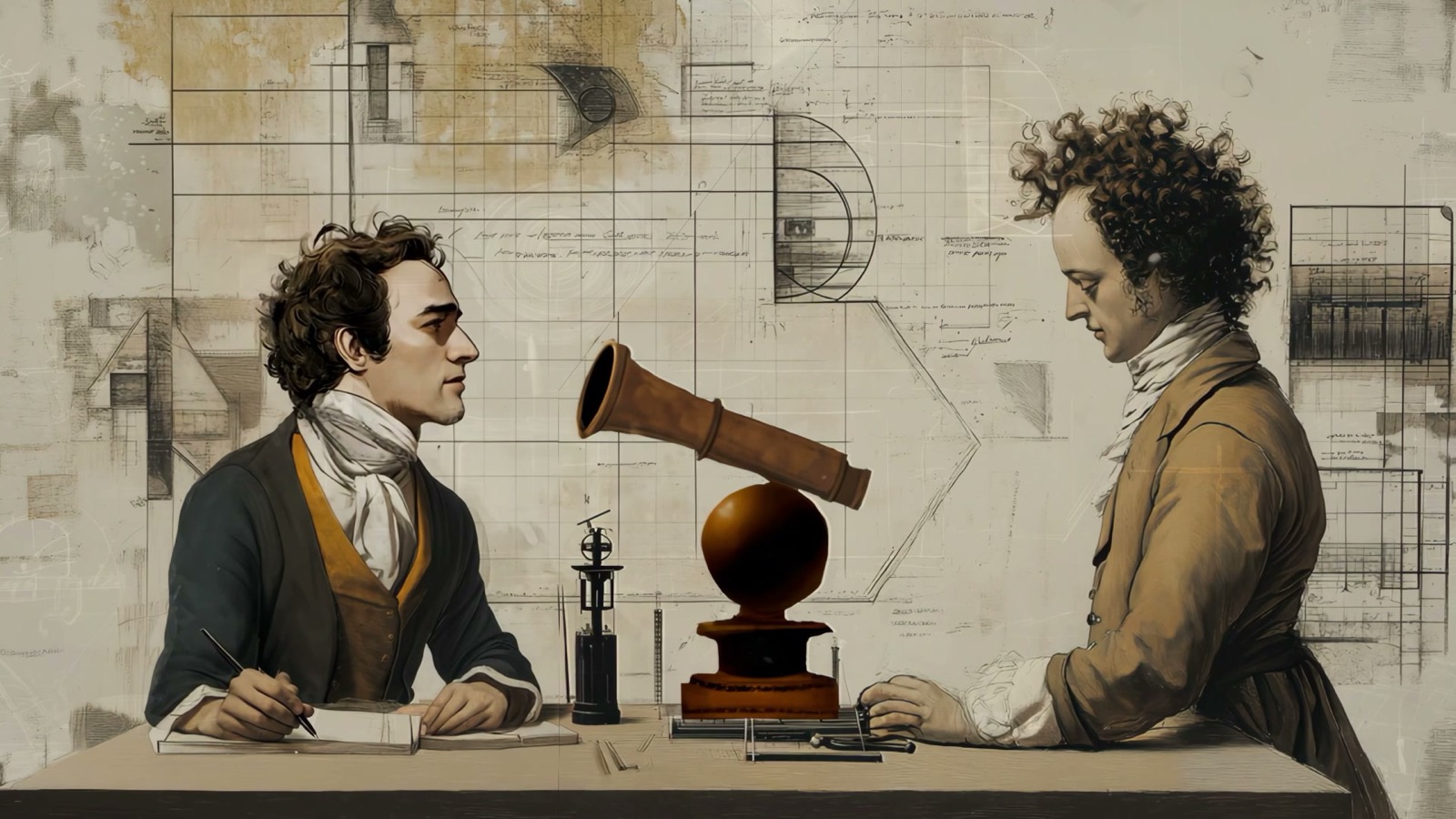 Film still: two men facing each other across a table with a reflecting telescope between them
