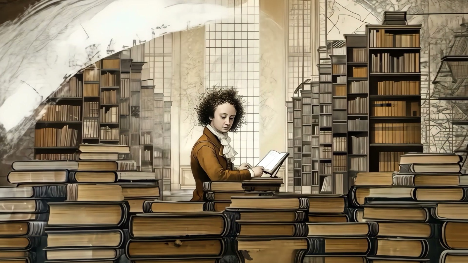 Film still: Newton reading at a lectern, surrounded by tall bookcases and stacks of books