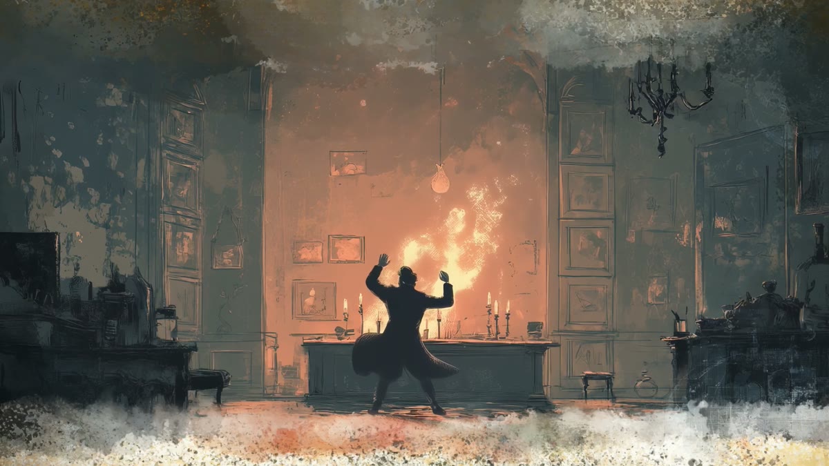 Film still: a scholar in a candlelit study, arms raised before a fire of light