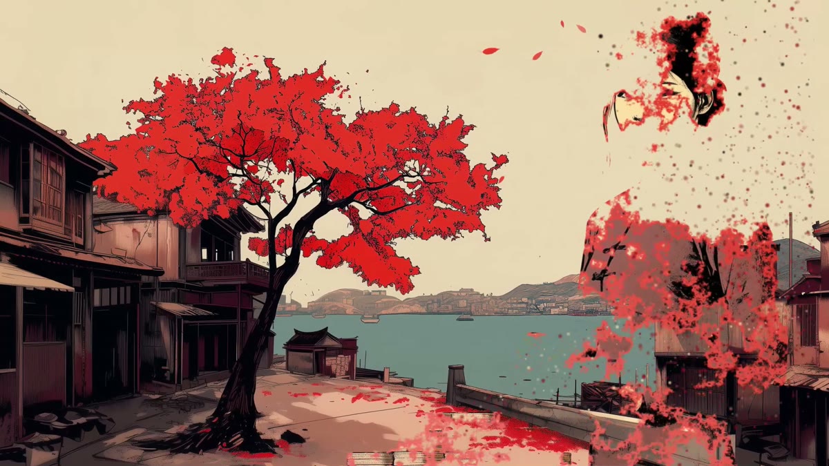 Film still: a red-blossom tree over a harbor, red petals falling