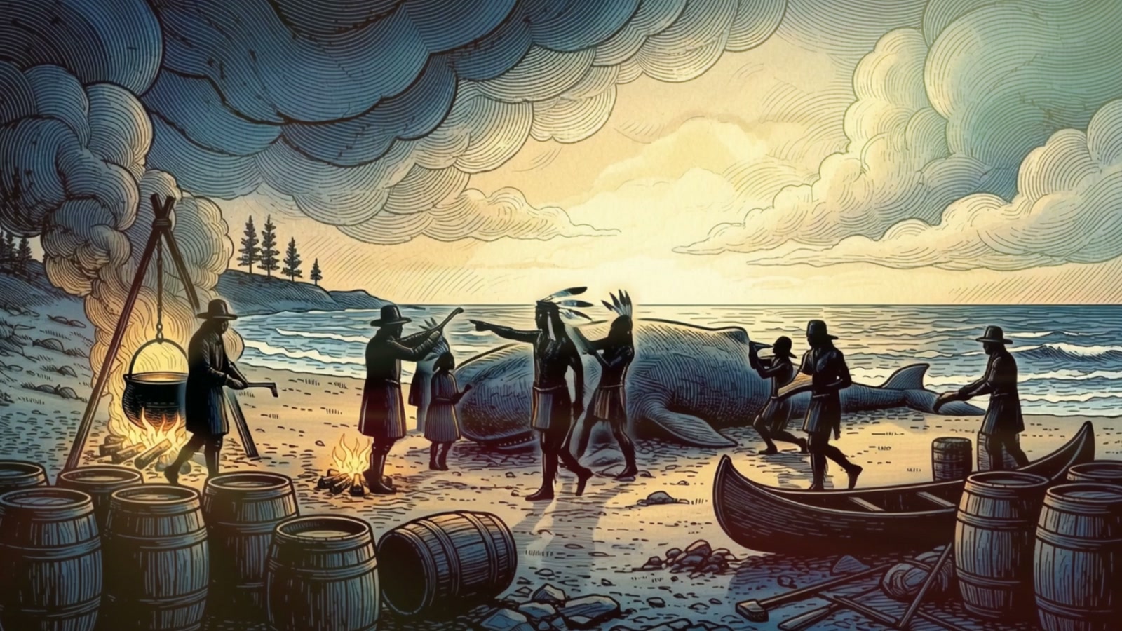 Film still: Native and colonial figures working together around a whale on the beach, with fires and barrels