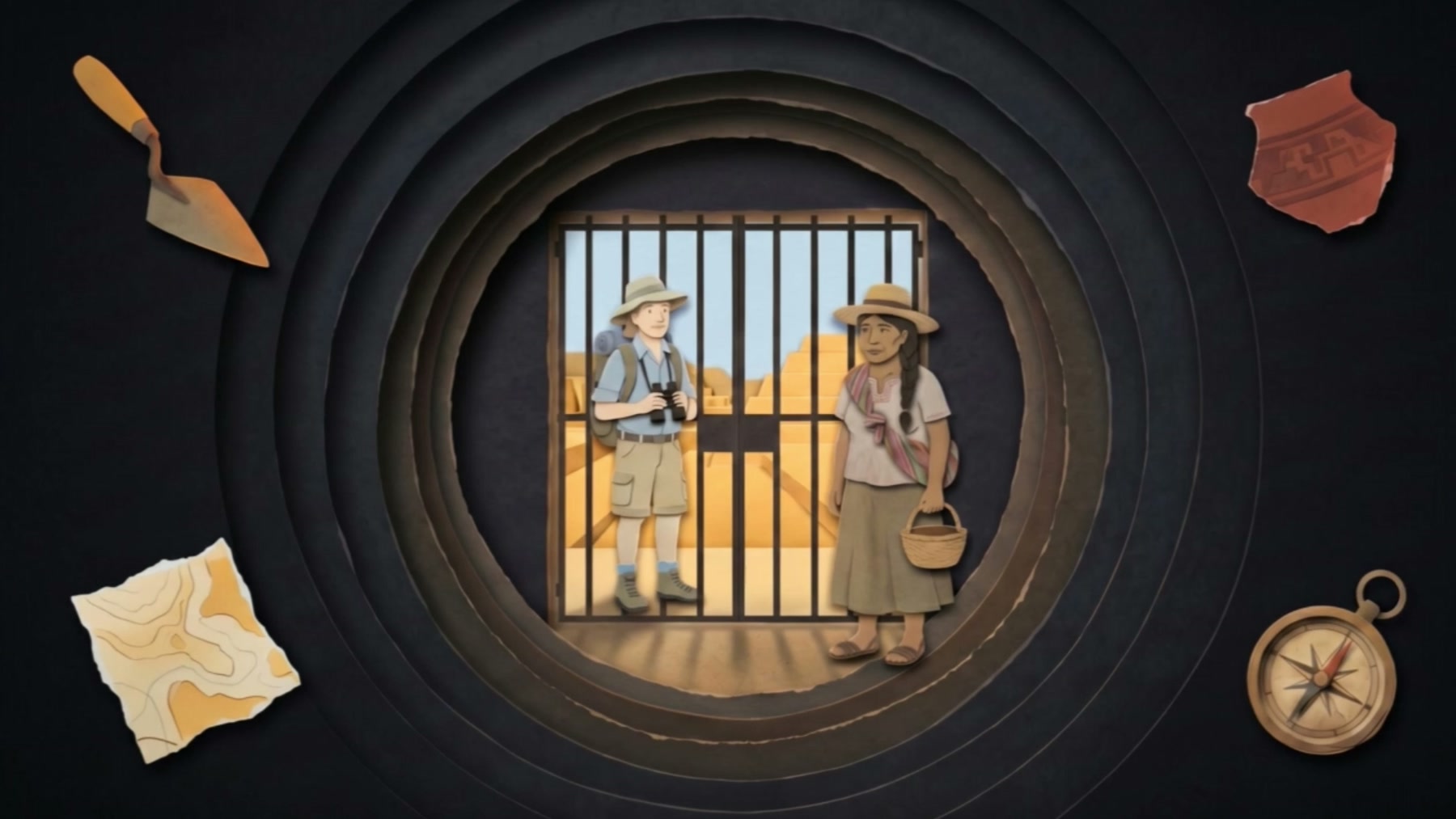 Film still: two archaeologists in field hats standing behind iron bars, seen through the rings