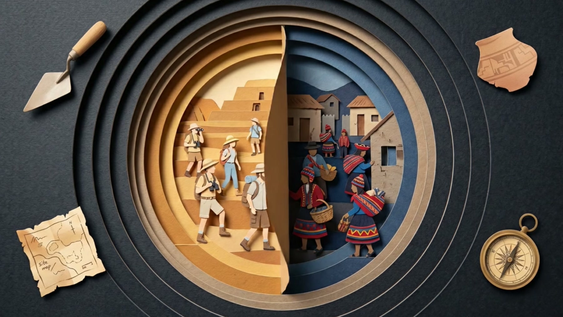 Film still: the circular view divided in half, archaeologists in white on one side and a community in red dancing on the other