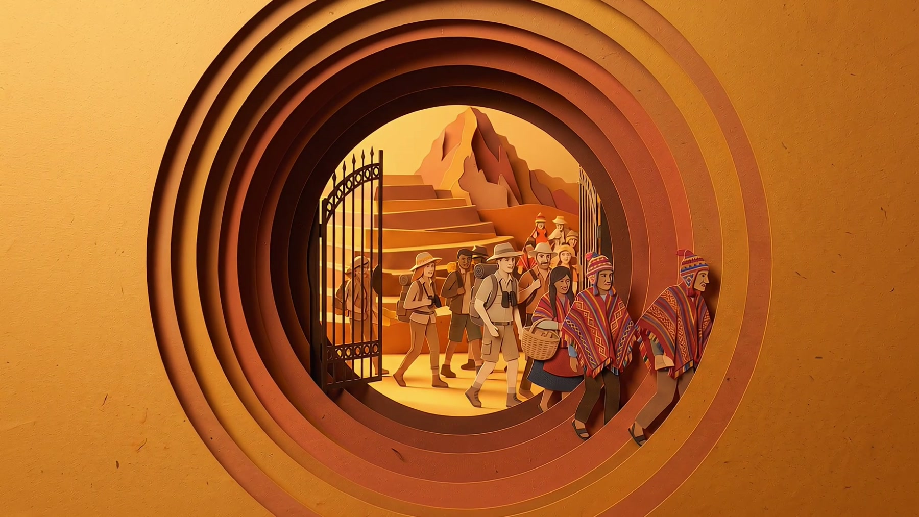 Film still: a crowd of musicians and families walking through the opened gate towards the site