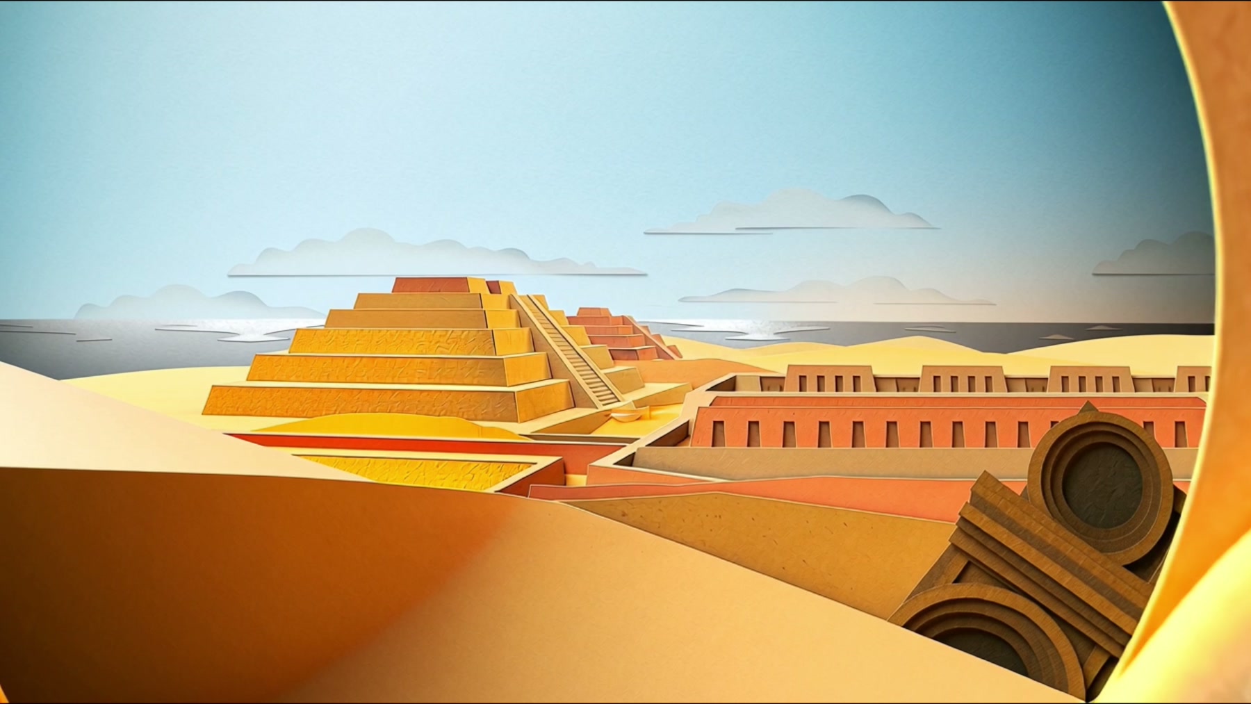 Film still: a stepped adobe pyramid seen through concentric rings of cut paper