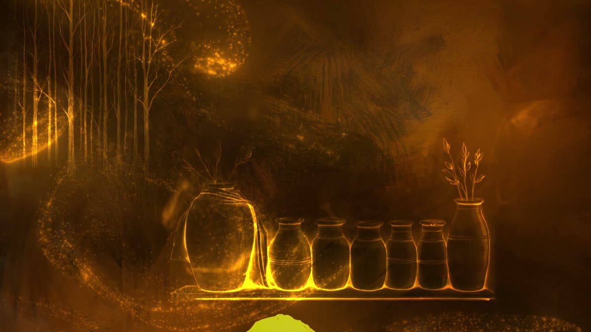 Film still: apothecary vessels glowing in gold light