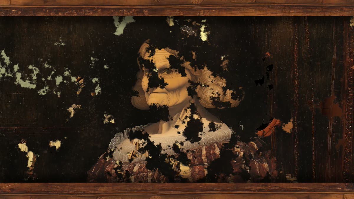 Film still: a portrait dissolving into decay within a frame
